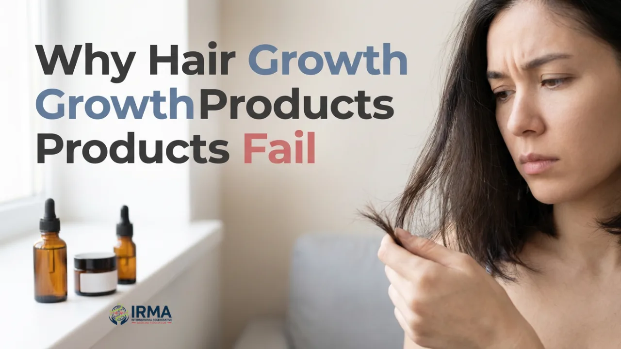 Woman checking damaged hair ends with hair growth products on table.