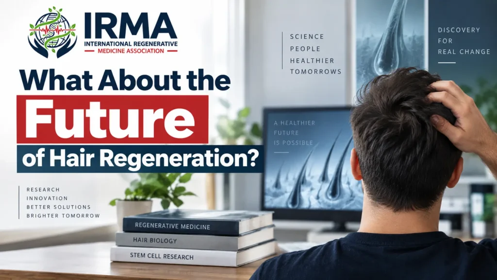Future of hair regeneration with regenerative medicine, hair biology, and stem cell research concepts.